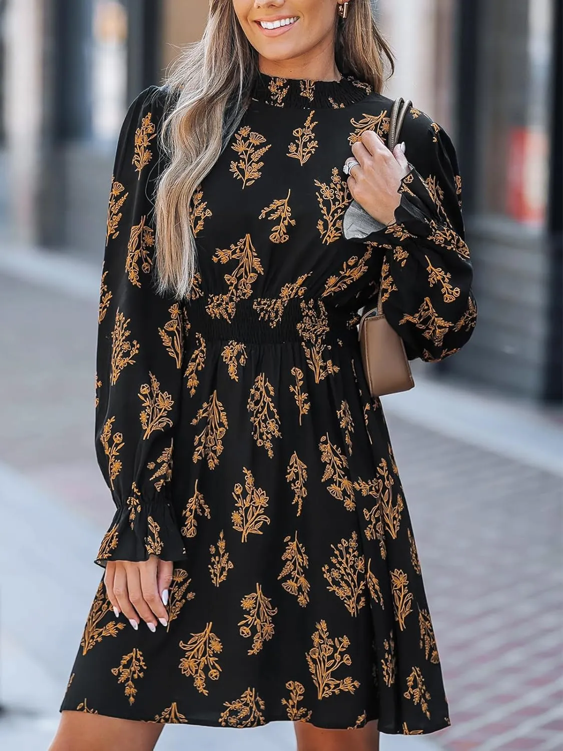 CUPSHE Women's Mock Neck Floral Mini Fall Dress Long Ruffle Sleeve Elastic Waist Smocked Casual Flowying Autumn Dresses