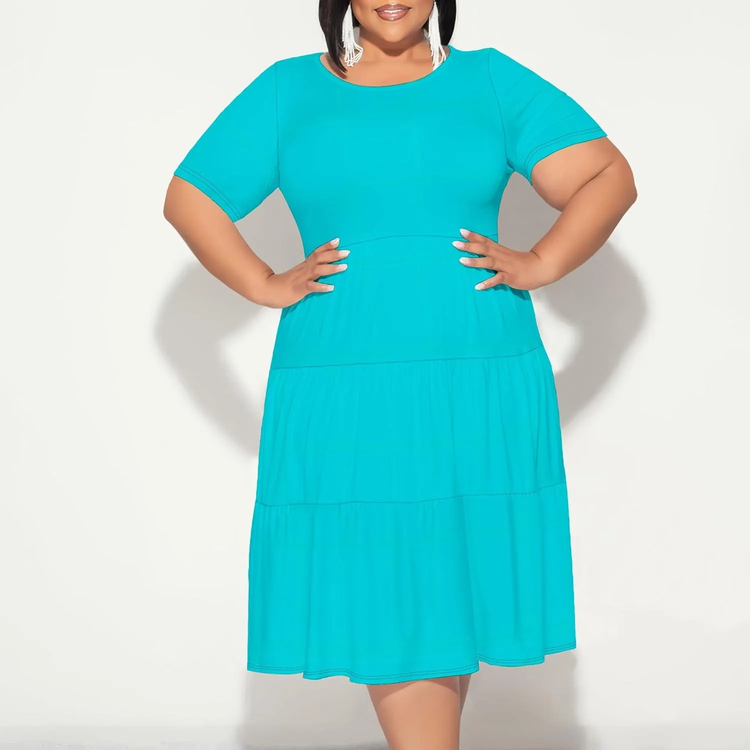 Curvy Womens Plus Size Summer Midi Dress Empire Waist Casual Loose Tshirt Short Sleeve Beach Dress Swing Flowy Tiered Dresses
