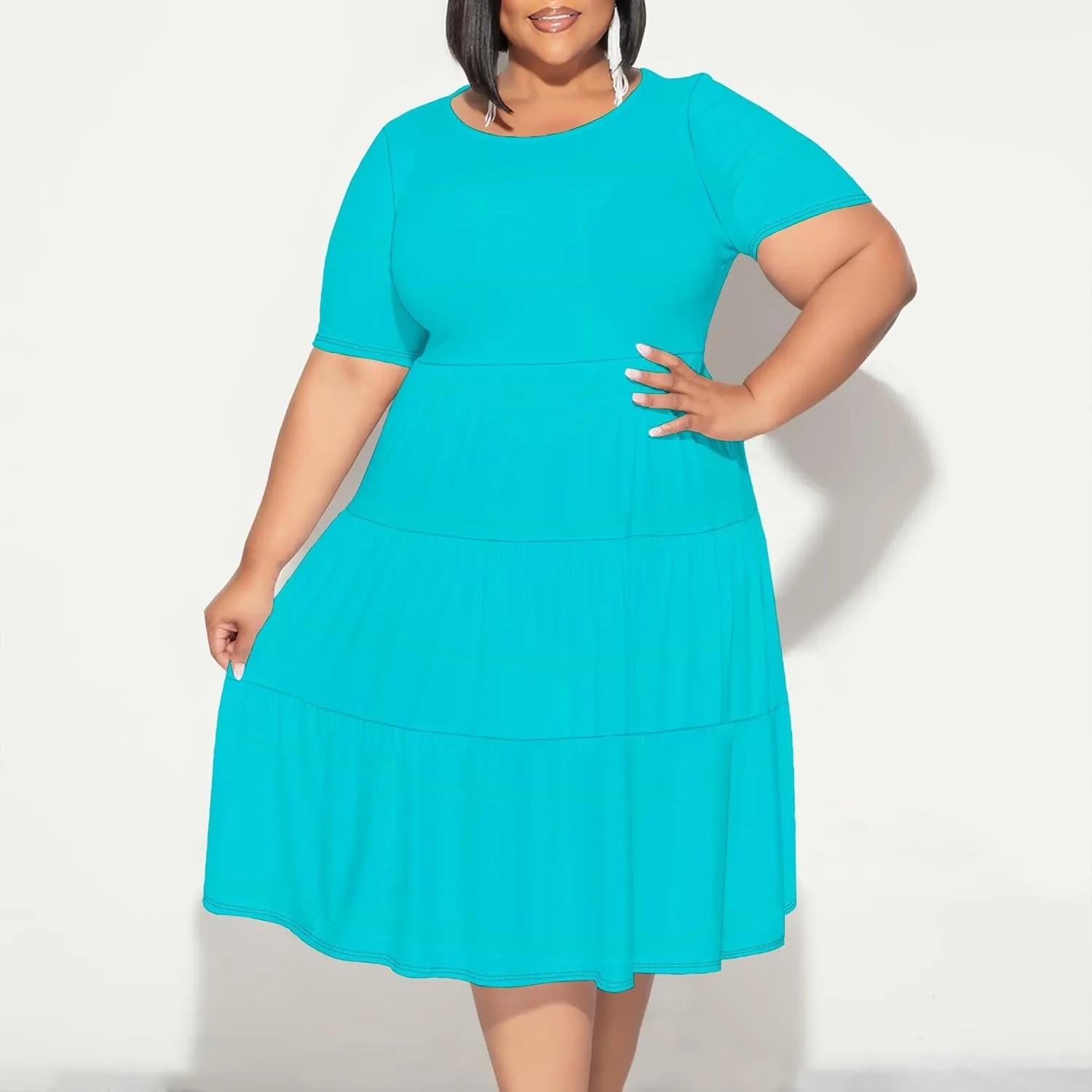 Curvy Womens Plus Size Summer Midi Dress Empire Waist Casual Loose Tshirt Short Sleeve Beach Dress Swing Flowy Tiered Dresses
