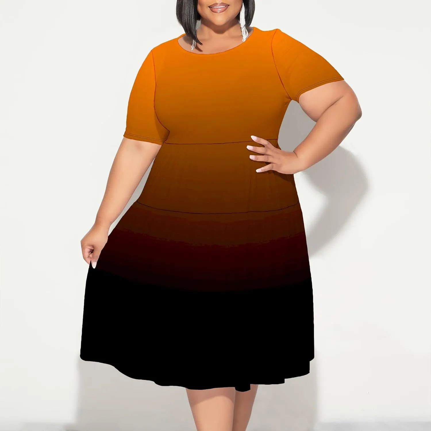 Curvy Womens Plus Size Summer Midi Dress Empire Waist Casual Loose Tshirt Short Sleeve Beach Dress Swing Flowy Tiered Dresses