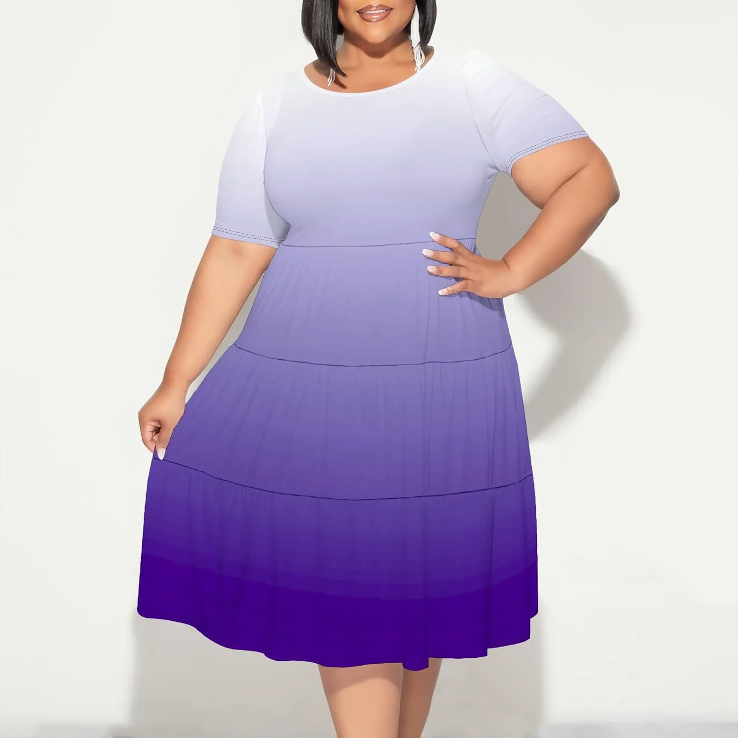 Curvy Womens Plus Size Summer Midi Dress Empire Waist Casual Loose Tshirt Short Sleeve Beach Dress Swing Flowy Tiered Dresses