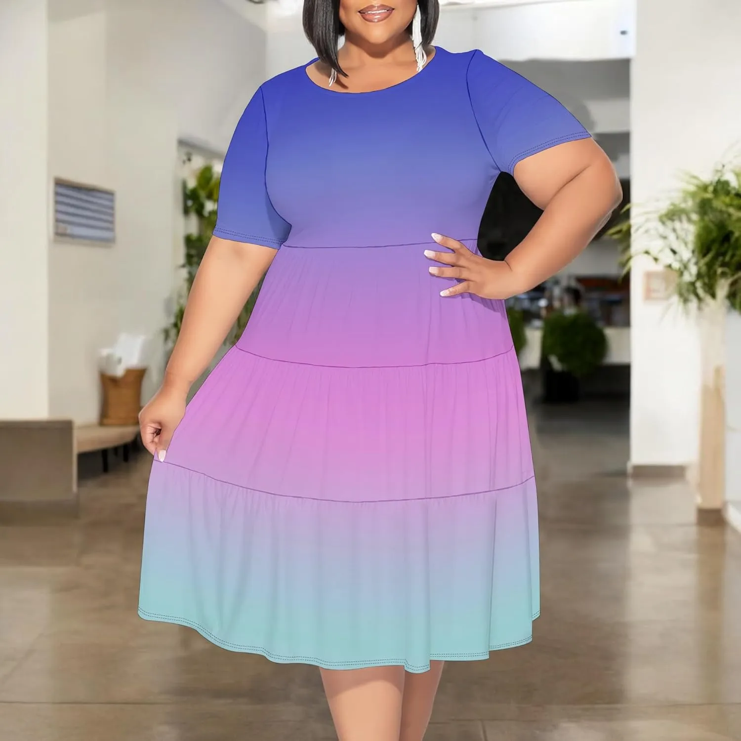 Curvy Womens Plus Size Summer Midi Dress Empire Waist Casual Loose Tshirt Short Sleeve Beach Dress Swing Flowy Tiered Dresses