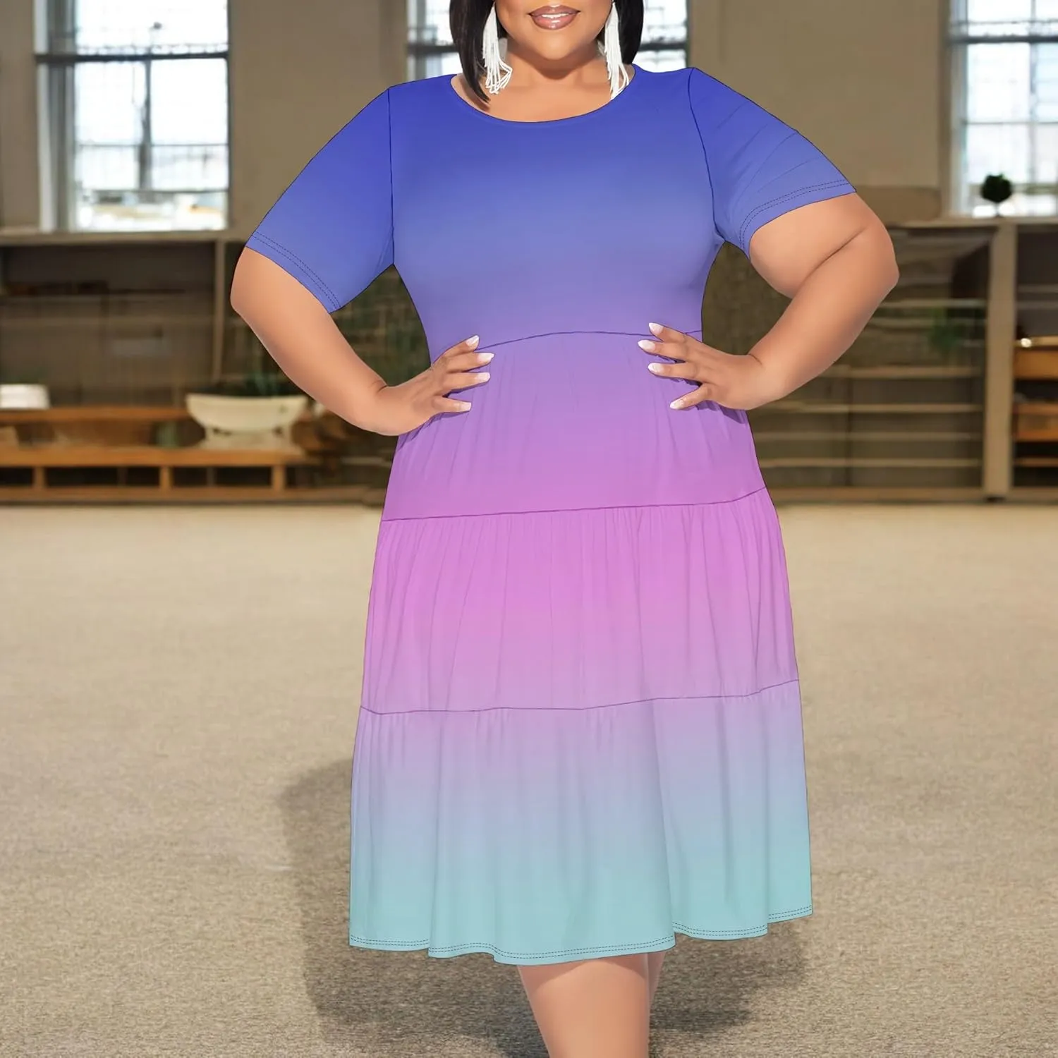 Curvy Womens Plus Size Summer Midi Dress Empire Waist Casual Loose Tshirt Short Sleeve Beach Dress Swing Flowy Tiered Dresses