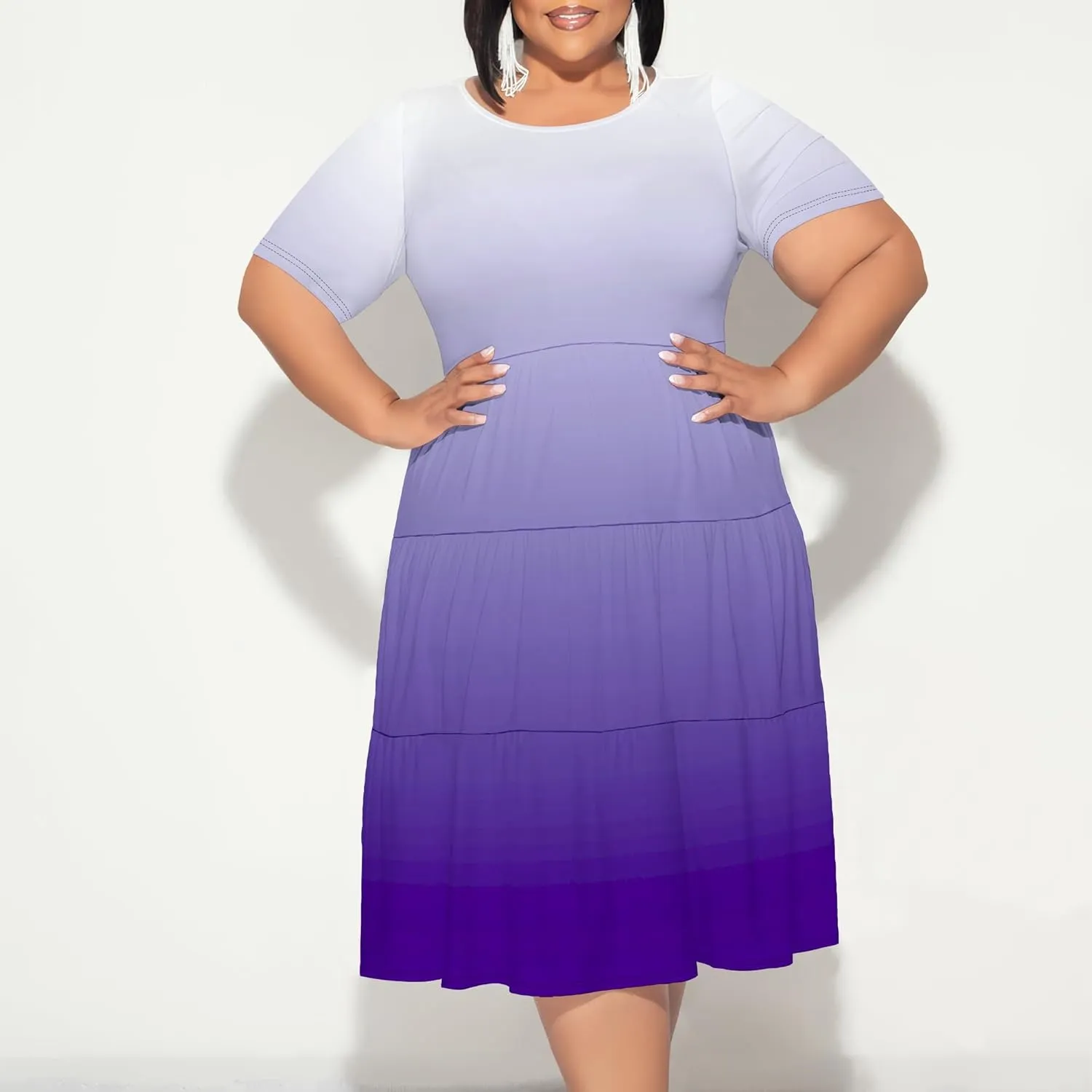 Curvy Womens Plus Size Summer Midi Dress Empire Waist Casual Loose Tshirt Short Sleeve Beach Dress Swing Flowy Tiered Dresses