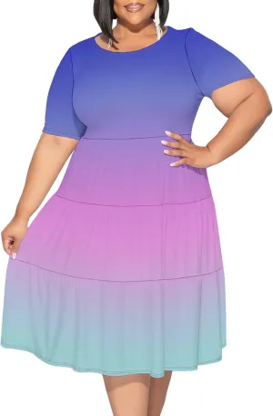 Curvy Womens Plus Size Summer Midi Dress Empire Waist Casual Loose Tshirt Short Sleeve Beach Dress Swing Flowy Tiered Dresses