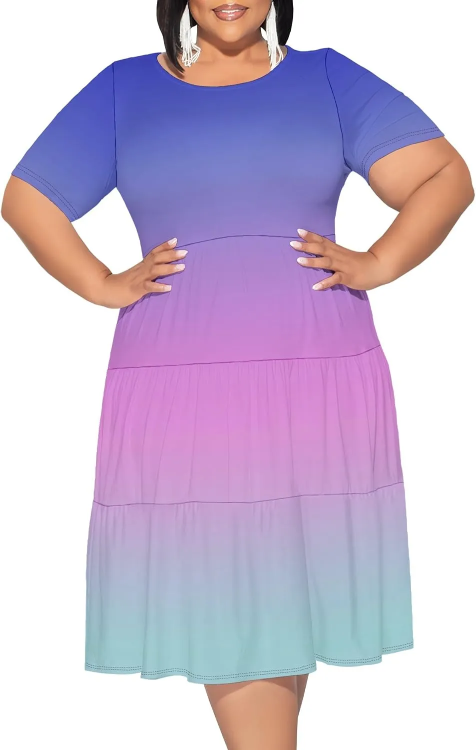 Curvy Womens Plus Size Summer Midi Dress Empire Waist Casual Loose Tshirt Short Sleeve Beach Dress Swing Flowy Tiered Dresses