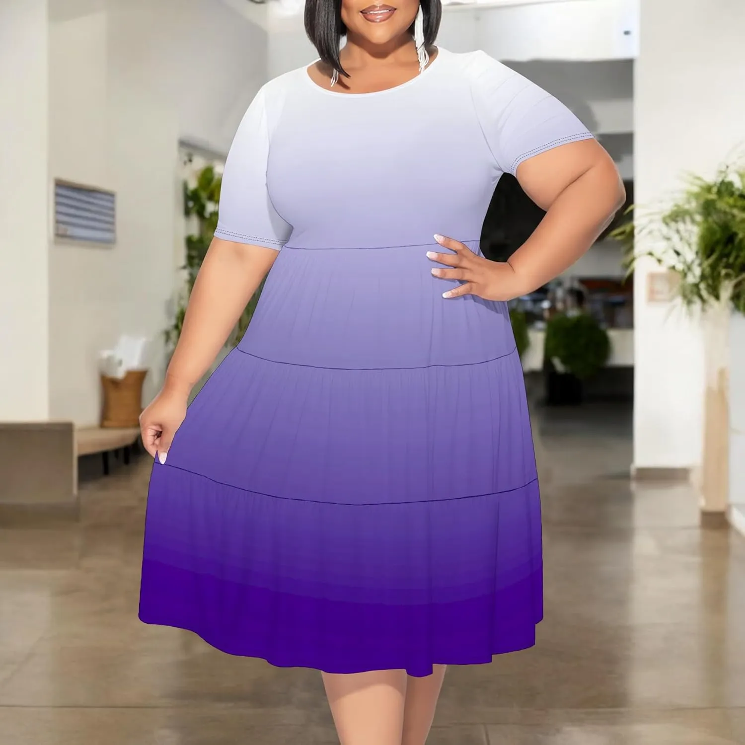 Curvy Womens Plus Size Summer Midi Dress Empire Waist Casual Loose Tshirt Short Sleeve Beach Dress Swing Flowy Tiered Dresses