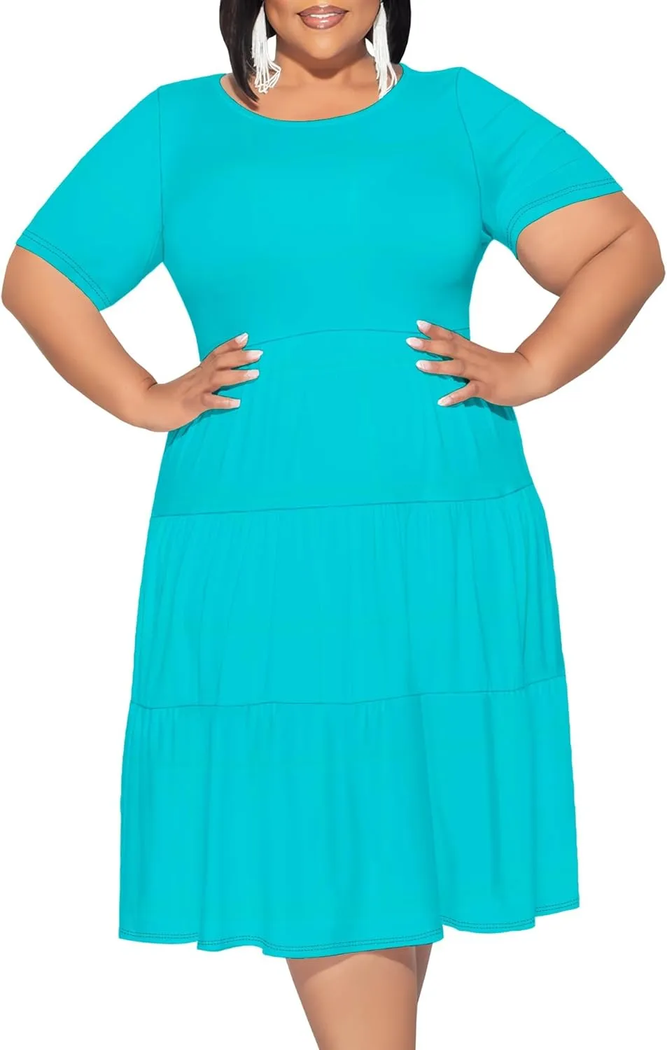 Curvy Womens Plus Size Summer Midi Dress Empire Waist Casual Loose Tshirt Short Sleeve Beach Dress Swing Flowy Tiered Dresses