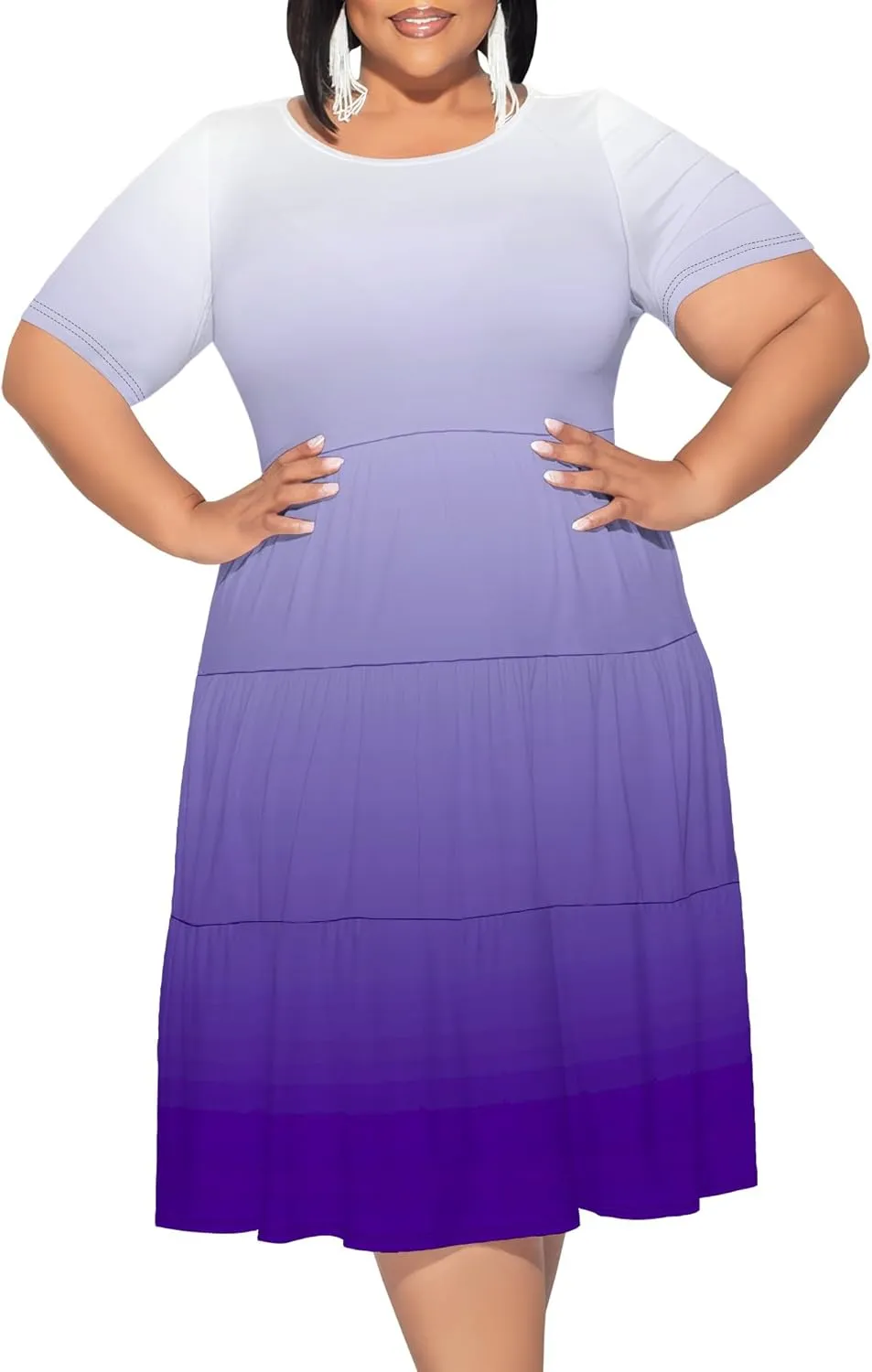 Curvy Womens Plus Size Summer Midi Dress Empire Waist Casual Loose Tshirt Short Sleeve Beach Dress Swing Flowy Tiered Dresses