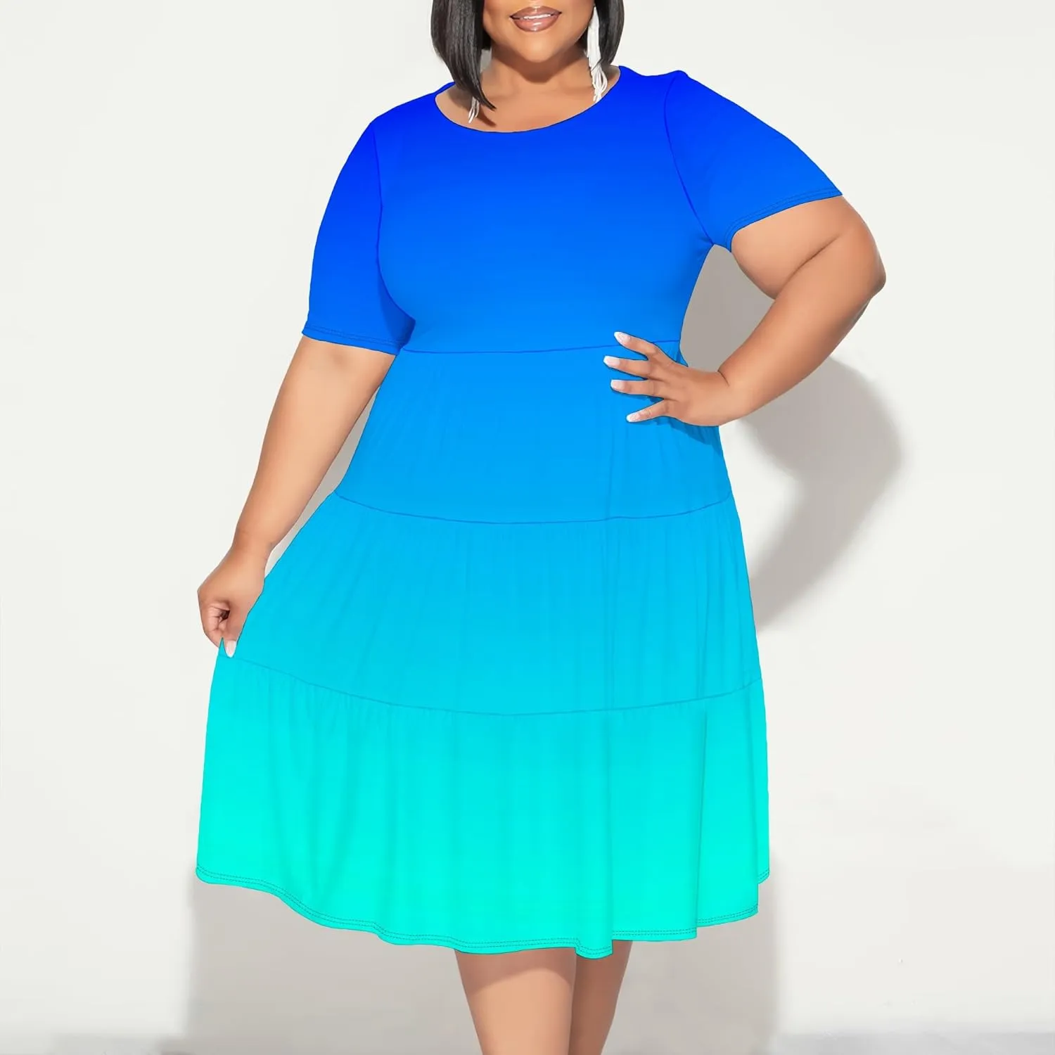 Curvy Womens Plus Size Summer Midi Dress Empire Waist Casual Loose Tshirt Short Sleeve Beach Dress Swing Flowy Tiered Dresses