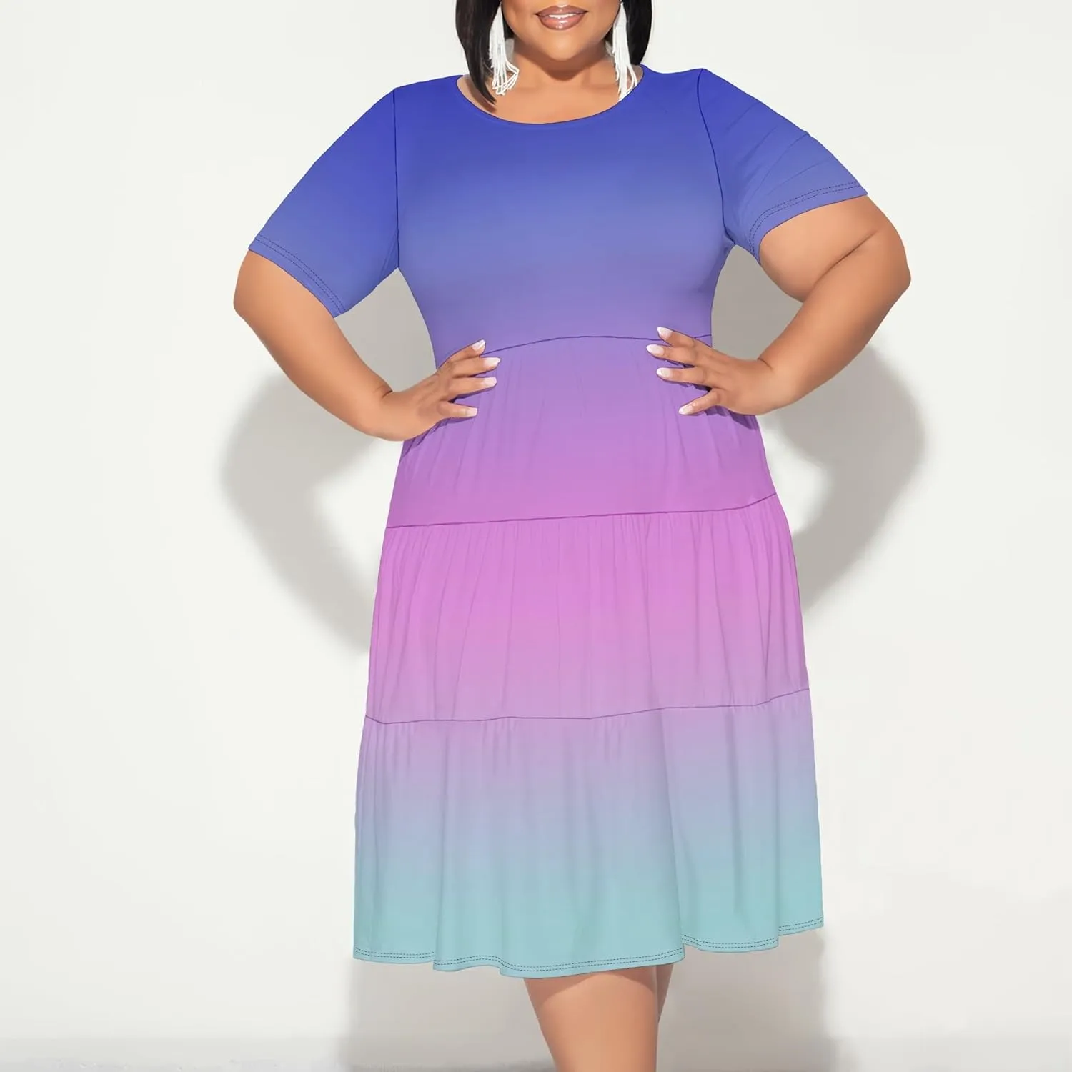 Curvy Womens Plus Size Summer Midi Dress Empire Waist Casual Loose Tshirt Short Sleeve Beach Dress Swing Flowy Tiered Dresses
