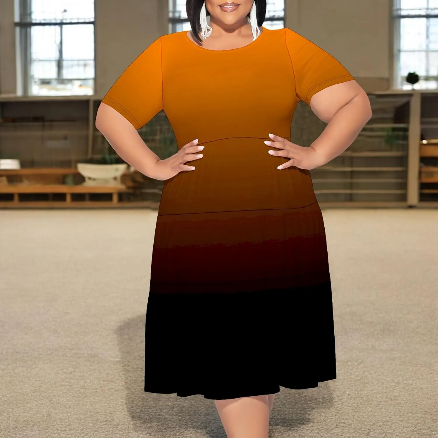 Curvy Womens Plus Size Summer Midi Dress Empire Waist Casual Loose Tshirt Short Sleeve Beach Dress Swing Flowy Tiered Dresses