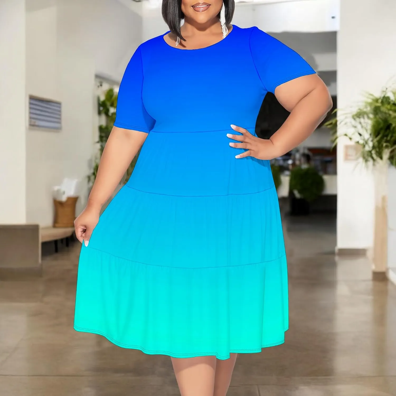Curvy Womens Plus Size Summer Midi Dress Empire Waist Casual Loose Tshirt Short Sleeve Beach Dress Swing Flowy Tiered Dresses