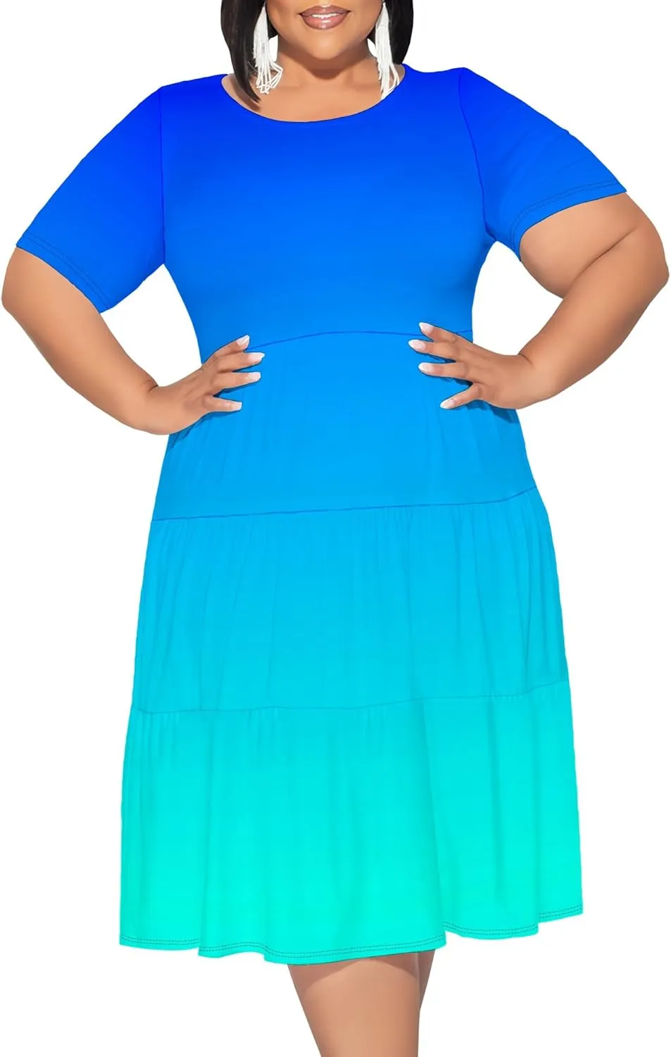 Curvy Womens Plus Size Summer Midi Dress Empire Waist Casual Loose Tshirt Short Sleeve Beach Dress Swing Flowy Tiered Dresses