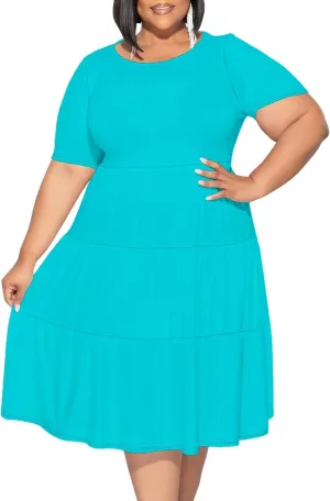 Curvy Womens Plus Size Summer Midi Dress Empire Waist Casual Loose Tshirt Short Sleeve Beach Dress Swing Flowy Tiered Dresses