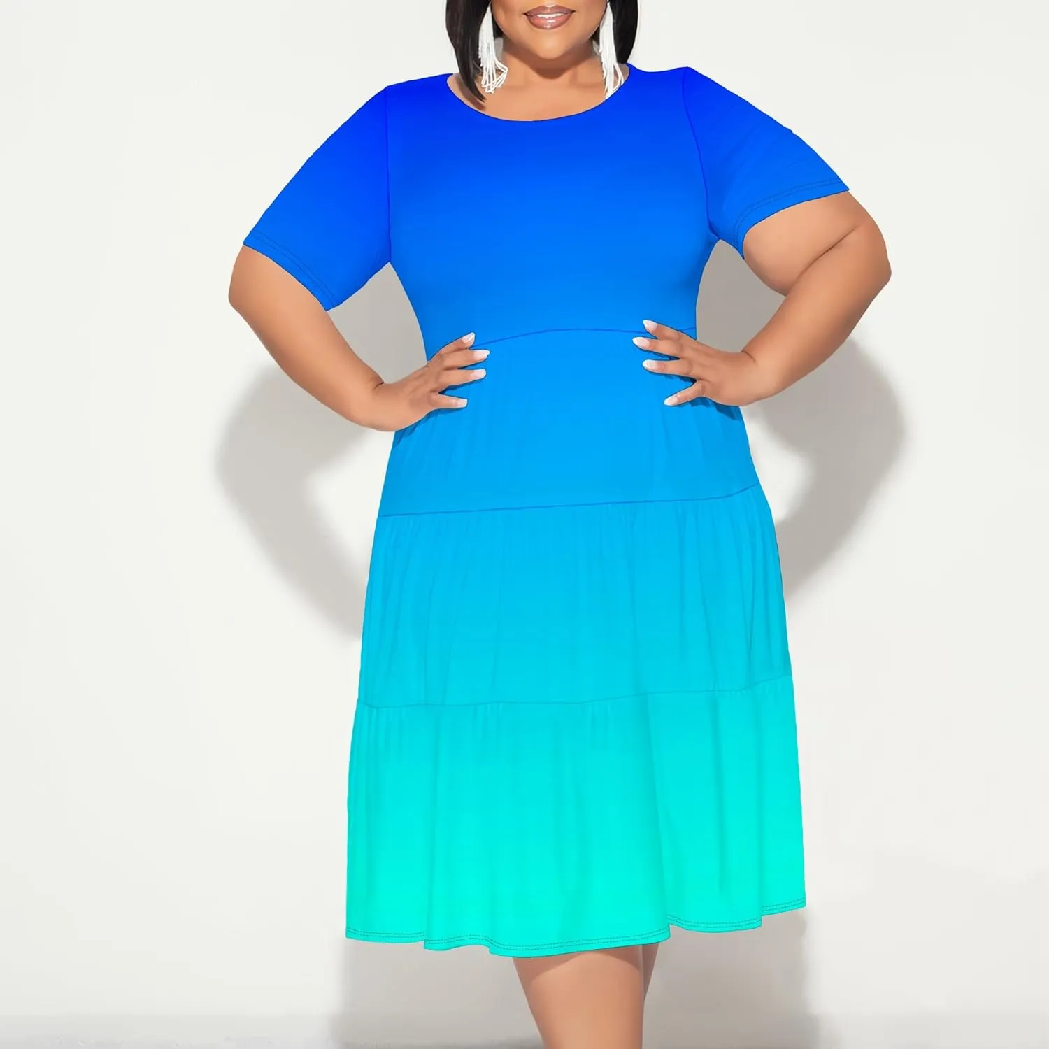 Curvy Womens Plus Size Summer Midi Dress Empire Waist Casual Loose Tshirt Short Sleeve Beach Dress Swing Flowy Tiered Dresses