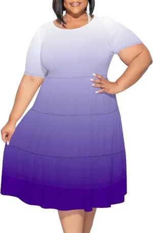 Curvy Womens Plus Size Summer Midi Dress Empire Waist Casual Loose Tshirt Short Sleeve Beach Dress Swing Flowy Tiered Dresses