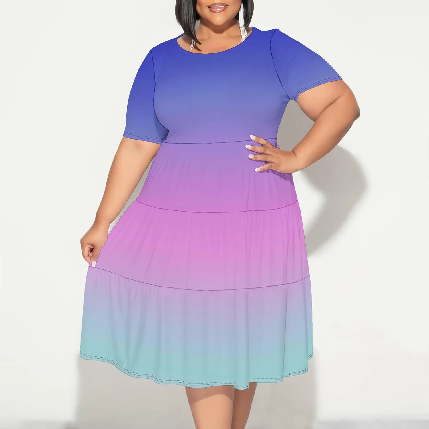 Curvy Womens Plus Size Summer Midi Dress Empire Waist Casual Loose Tshirt Short Sleeve Beach Dress Swing Flowy Tiered Dresses