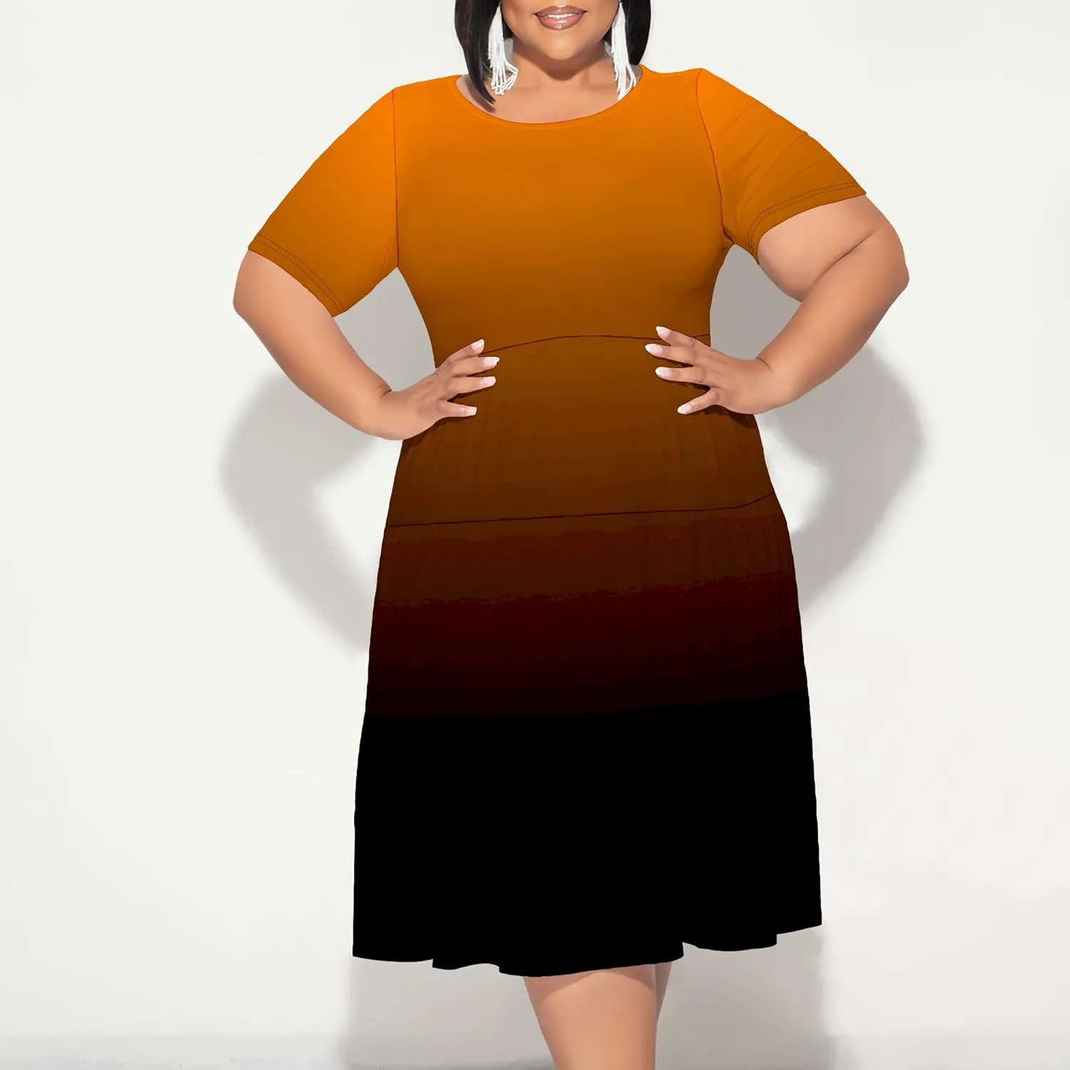 Curvy Womens Plus Size Summer Midi Dress Empire Waist Casual Loose Tshirt Short Sleeve Beach Dress Swing Flowy Tiered Dresses