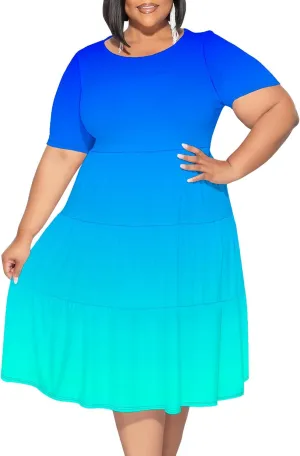 Curvy Womens Plus Size Summer Midi Dress Empire Waist Casual Loose Tshirt Short Sleeve Beach Dress Swing Flowy Tiered Dresses