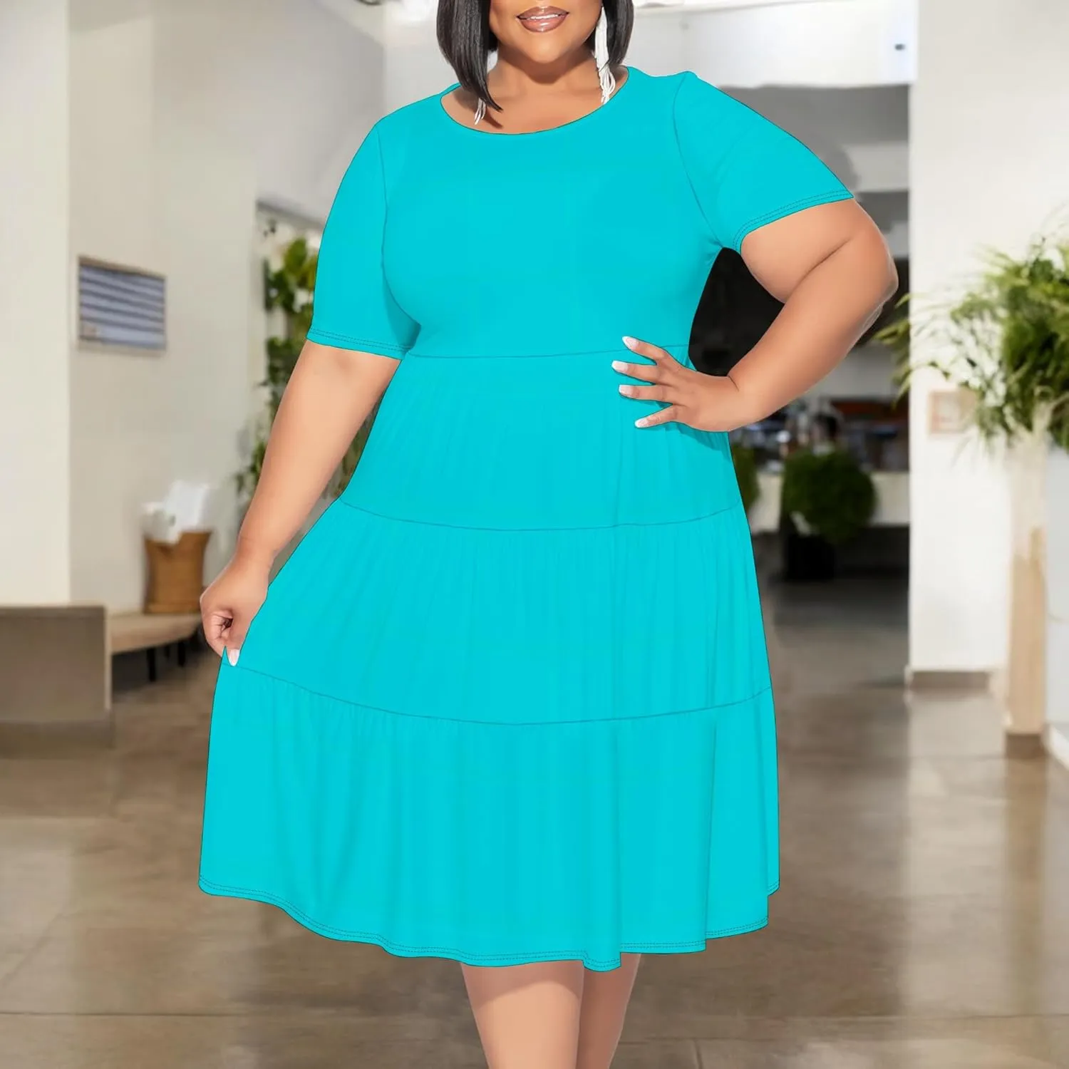 Curvy Womens Plus Size Summer Midi Dress Empire Waist Casual Loose Tshirt Short Sleeve Beach Dress Swing Flowy Tiered Dresses