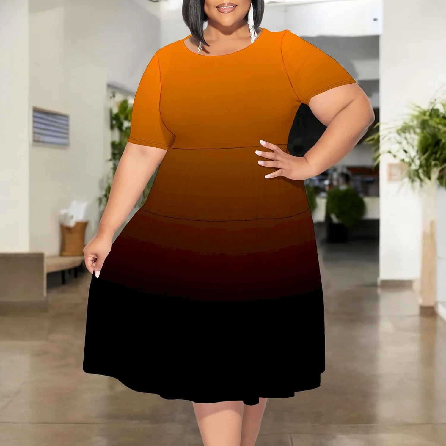 Curvy Womens Plus Size Summer Midi Dress Empire Waist Casual Loose Tshirt Short Sleeve Beach Dress Swing Flowy Tiered Dresses