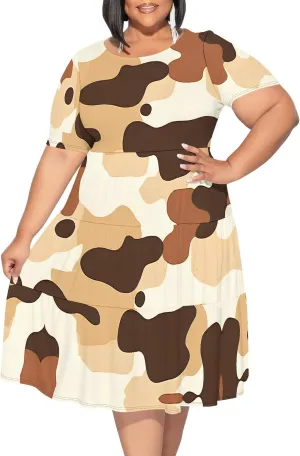 Curvy Womens Plus Size Summer Midi Dress Empire Waist Casual Loose Tshirt Short Sleeve Floral Print Swing Flowy Tiered Dress
