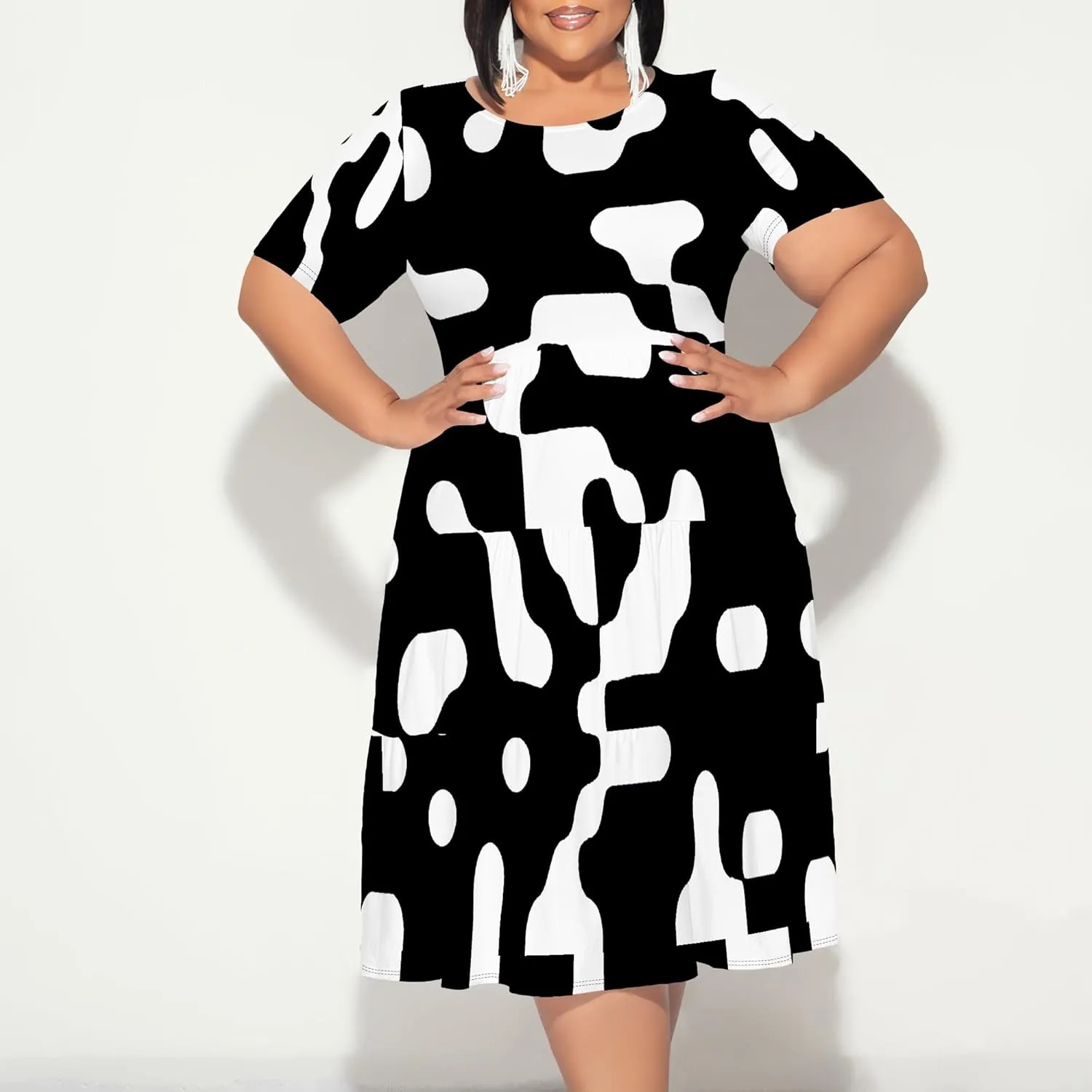 Curvy Womens Plus Size Summer Midi Dress Empire Waist Casual Loose Tshirt Short Sleeve Floral Print Swing Flowy Tiered Dress