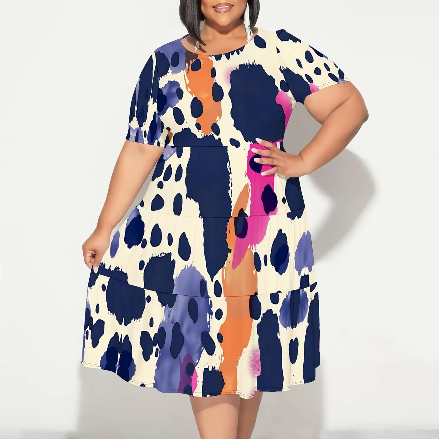 Curvy Womens Plus Size Summer Midi Dress Empire Waist Casual Loose Tshirt Short Sleeve Floral Print Swing Flowy Tiered Dress
