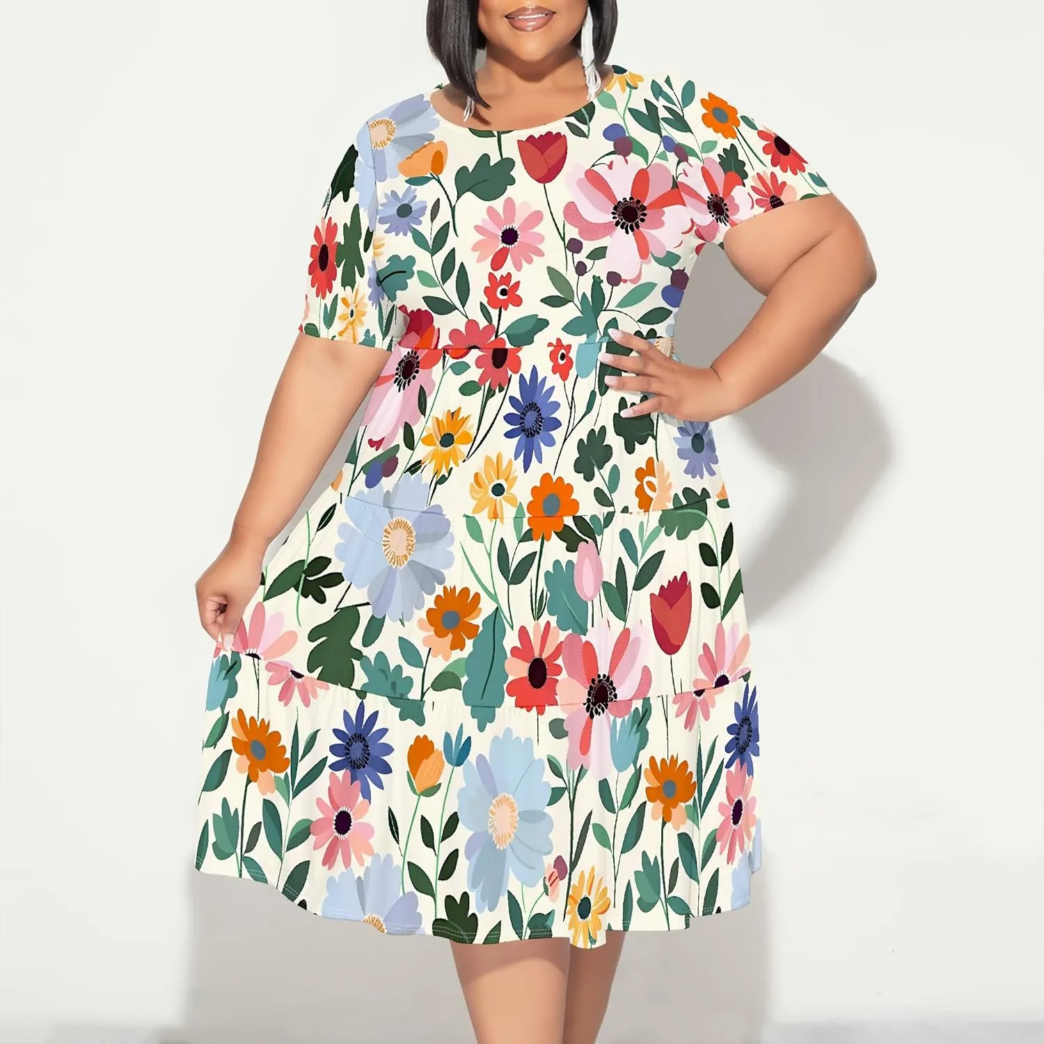 Curvy Womens Plus Size Summer Midi Dress Empire Waist Casual Loose Tshirt Short Sleeve Floral Print Swing Flowy Tiered Dress