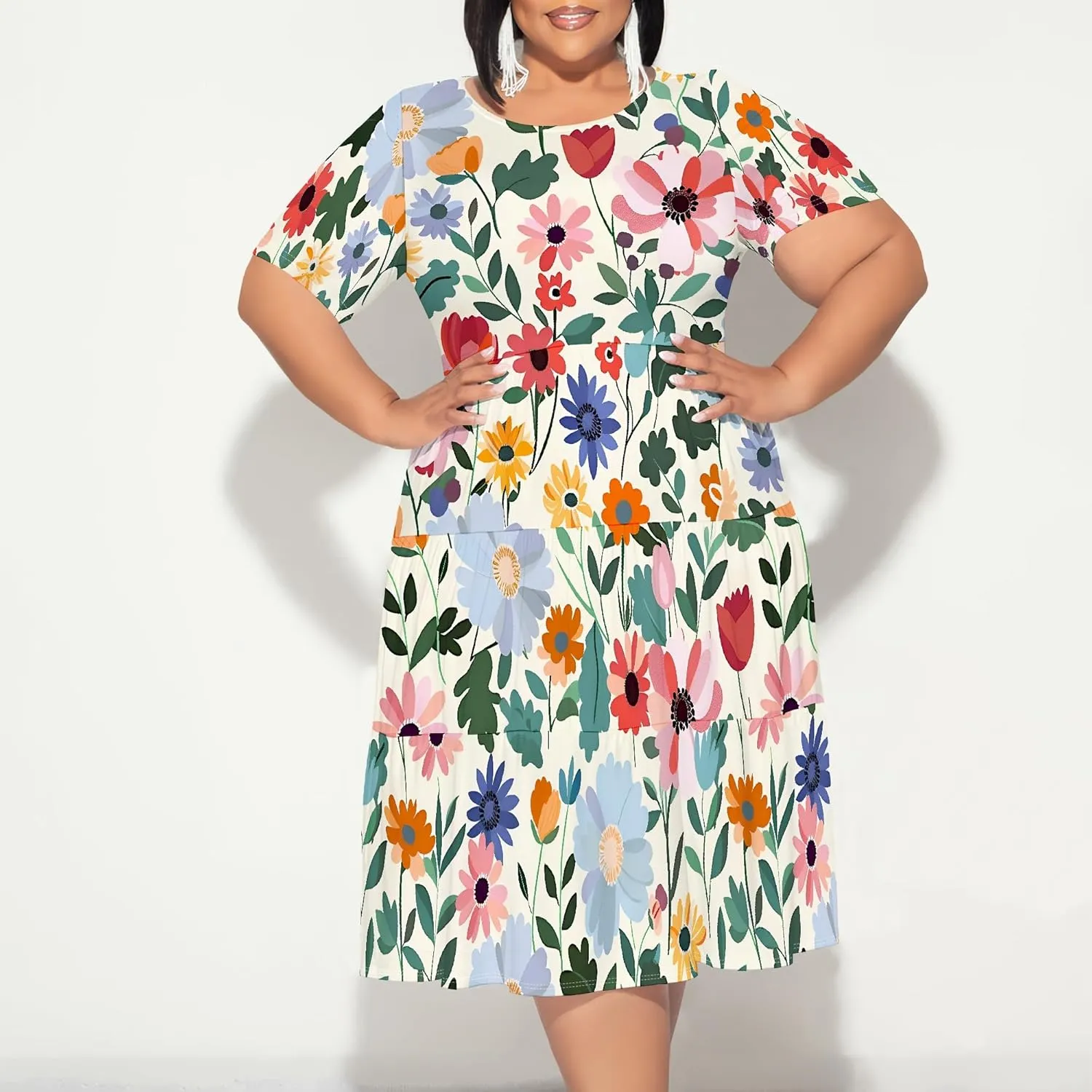 Curvy Womens Plus Size Summer Midi Dress Empire Waist Casual Loose Tshirt Short Sleeve Floral Print Swing Flowy Tiered Dress