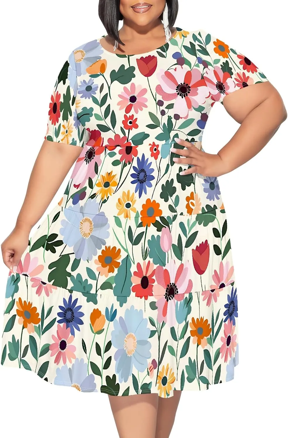 Curvy Womens Plus Size Summer Midi Dress Empire Waist Casual Loose Tshirt Short Sleeve Floral Print Swing Flowy Tiered Dress