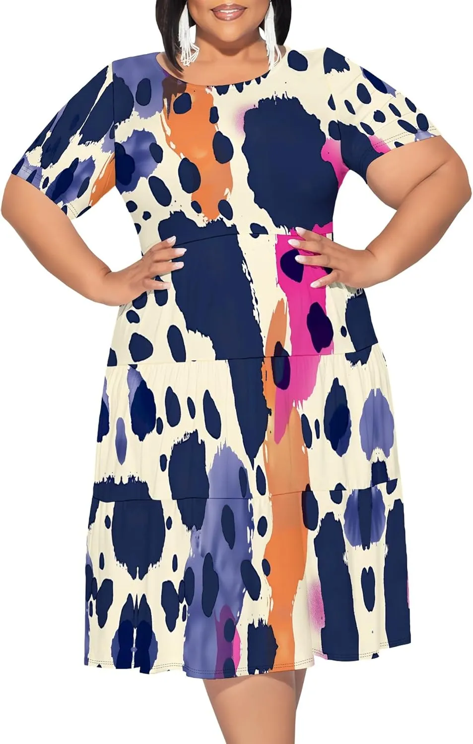 Curvy Womens Plus Size Summer Midi Dress Empire Waist Casual Loose Tshirt Short Sleeve Floral Print Swing Flowy Tiered Dress