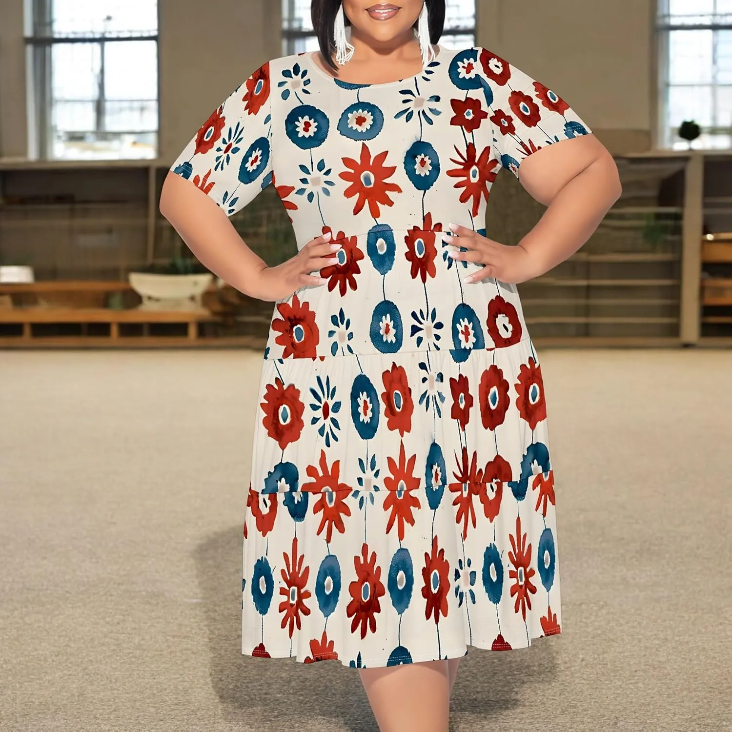 Curvy Womens Plus Size Summer Midi Dress Empire Waist Casual Loose Tshirt Short Sleeve Floral Print Swing Flowy Tiered Dress