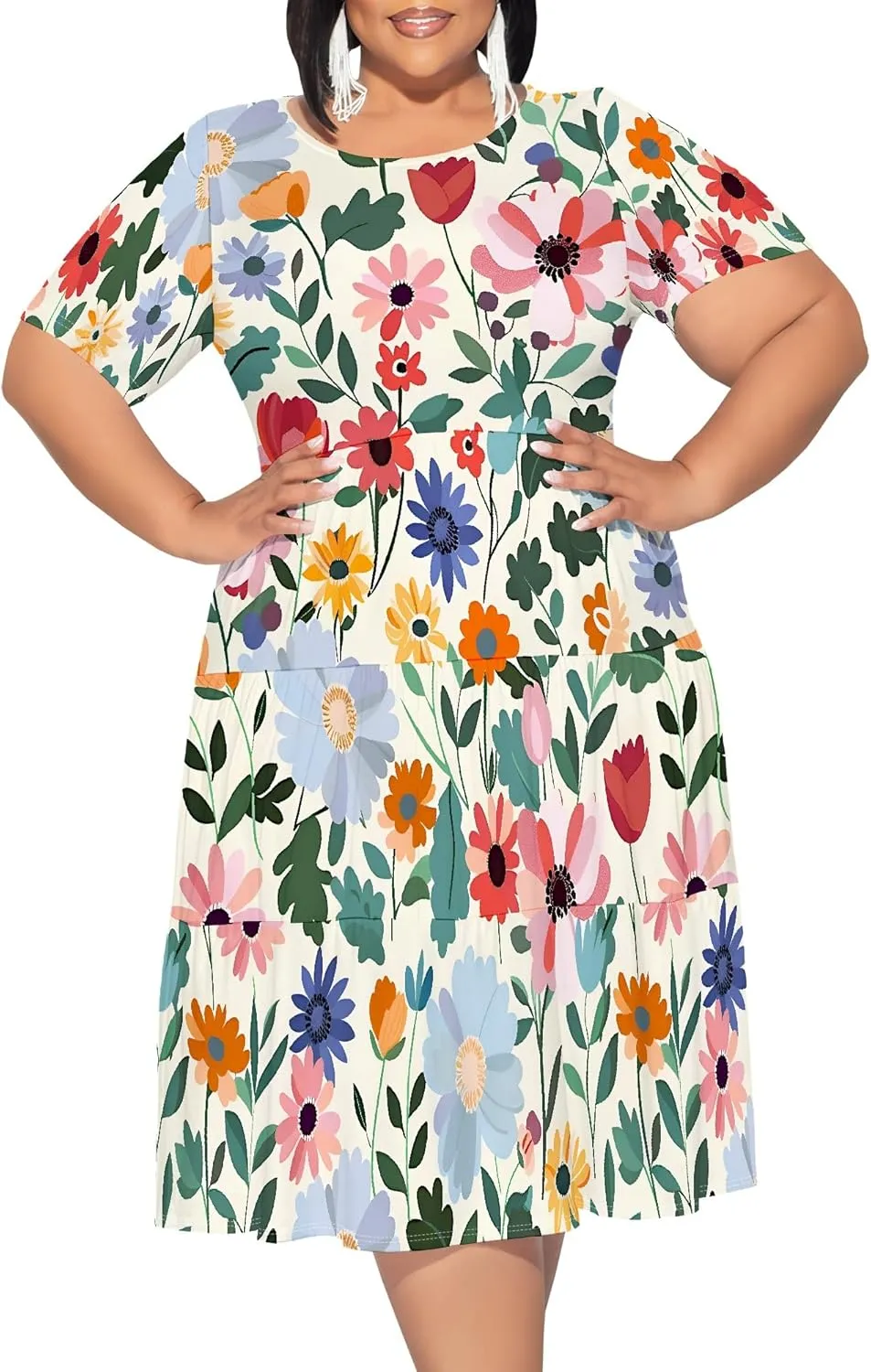 Curvy Womens Plus Size Summer Midi Dress Empire Waist Casual Loose Tshirt Short Sleeve Floral Print Swing Flowy Tiered Dress