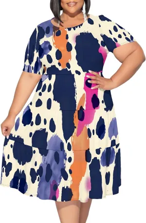 Curvy Womens Plus Size Summer Midi Dress Empire Waist Casual Loose Tshirt Short Sleeve Floral Print Swing Flowy Tiered Dress