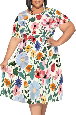 Curvy Womens Plus Size Summer Midi Dress Empire Waist Casual Loose Tshirt Short Sleeve Floral Print Swing Flowy Tiered Dress