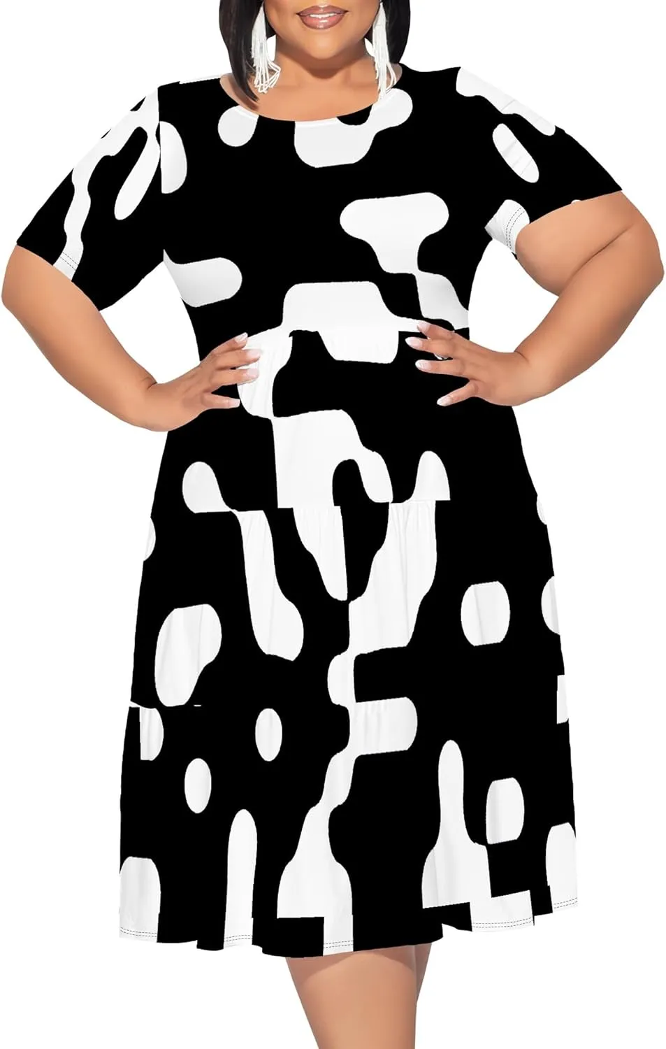 Curvy Womens Plus Size Summer Midi Dress Empire Waist Casual Loose Tshirt Short Sleeve Floral Print Swing Flowy Tiered Dress
