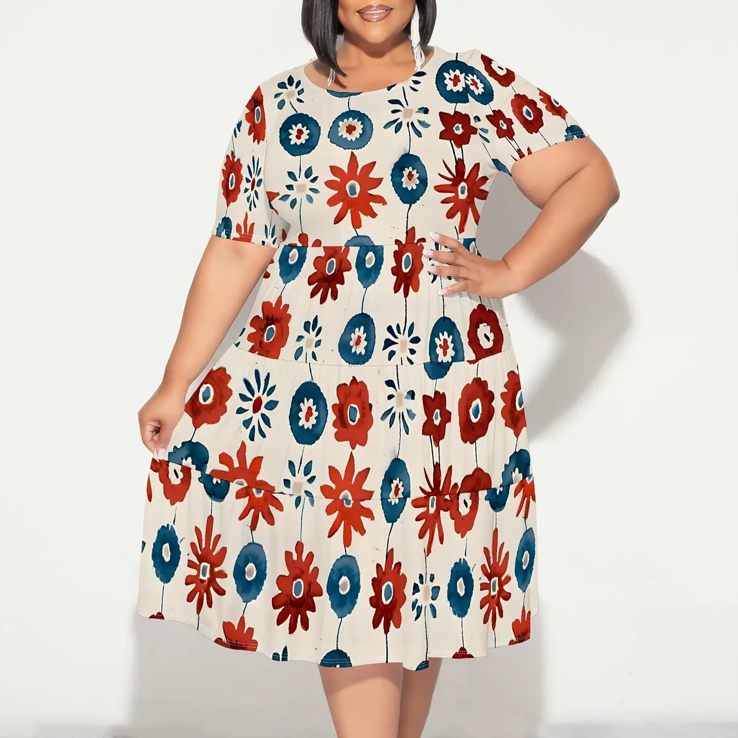 Curvy Womens Plus Size Summer Midi Dress Empire Waist Casual Loose Tshirt Short Sleeve Floral Print Swing Flowy Tiered Dress