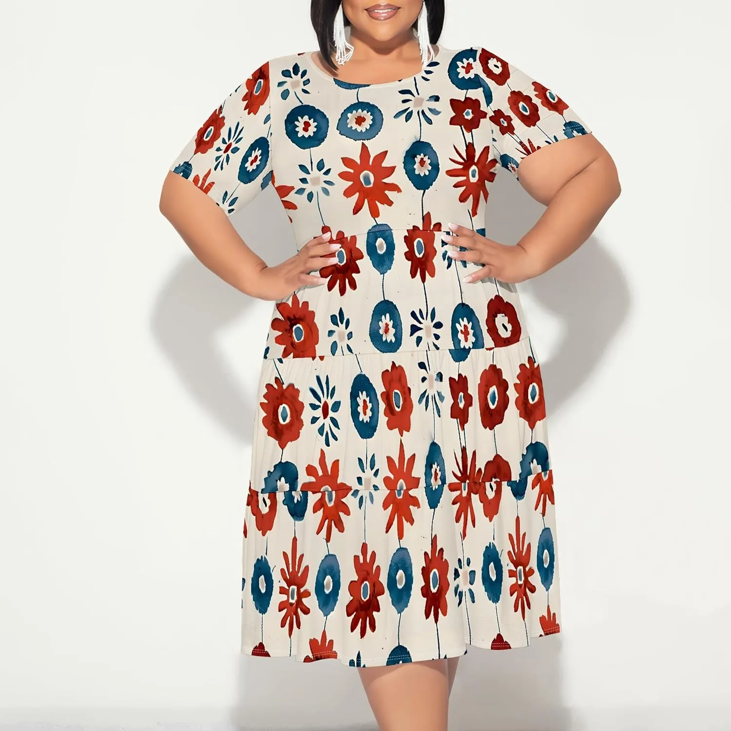 Curvy Womens Plus Size Summer Midi Dress Empire Waist Casual Loose Tshirt Short Sleeve Floral Print Swing Flowy Tiered Dress