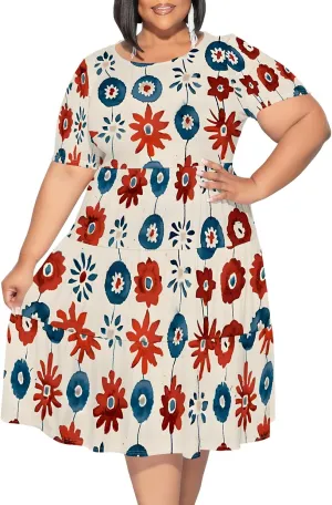 Curvy Womens Plus Size Summer Midi Dress Empire Waist Casual Loose Tshirt Short Sleeve Floral Print Swing Flowy Tiered Dress