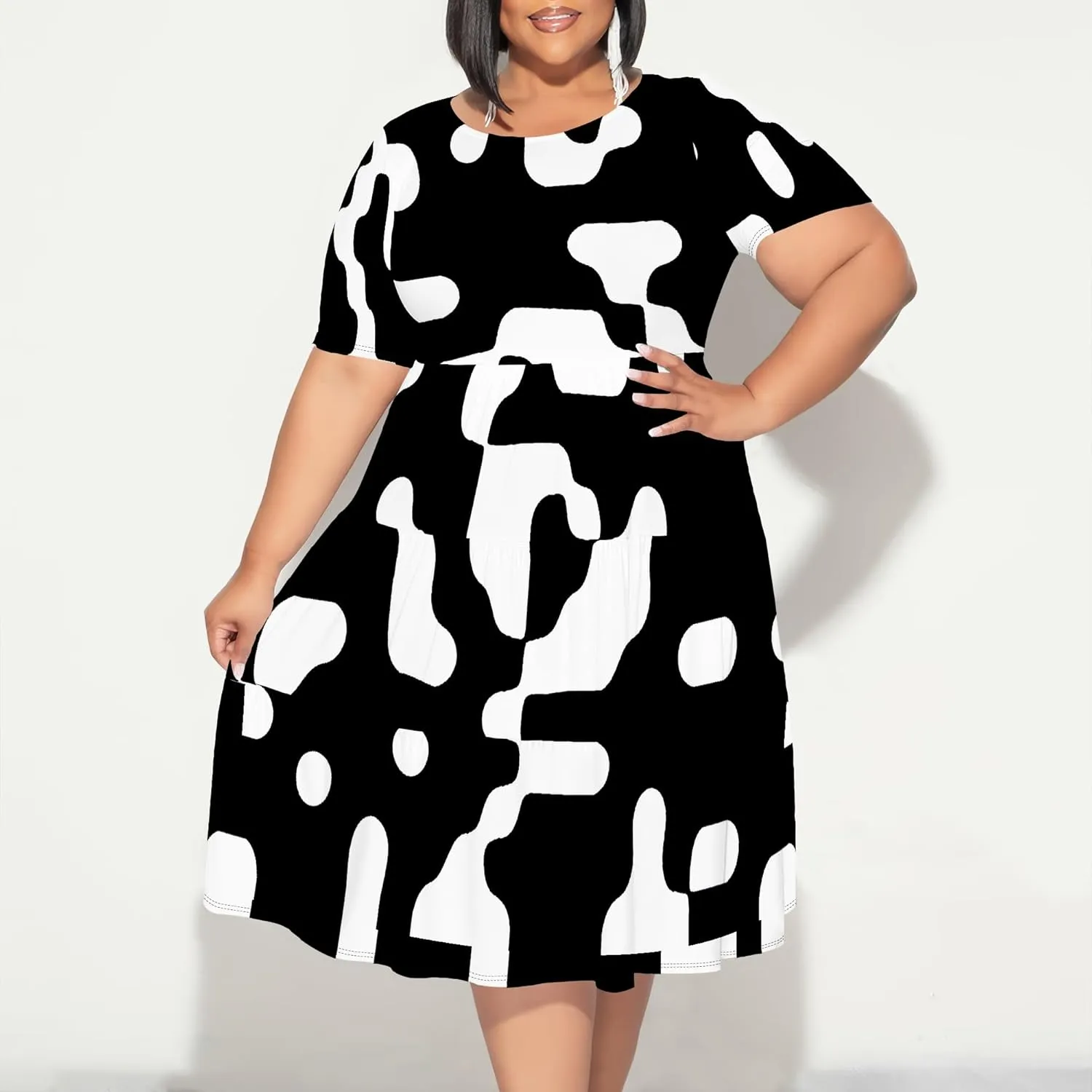 Curvy Womens Plus Size Summer Midi Dress Empire Waist Casual Loose Tshirt Short Sleeve Floral Print Swing Flowy Tiered Dress