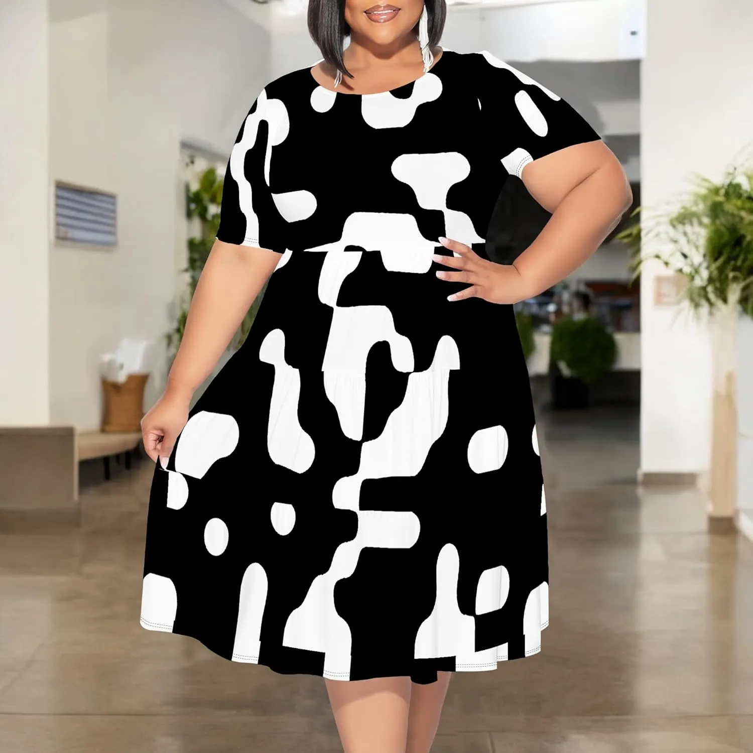Curvy Womens Plus Size Summer Midi Dress Empire Waist Casual Loose Tshirt Short Sleeve Floral Print Swing Flowy Tiered Dress