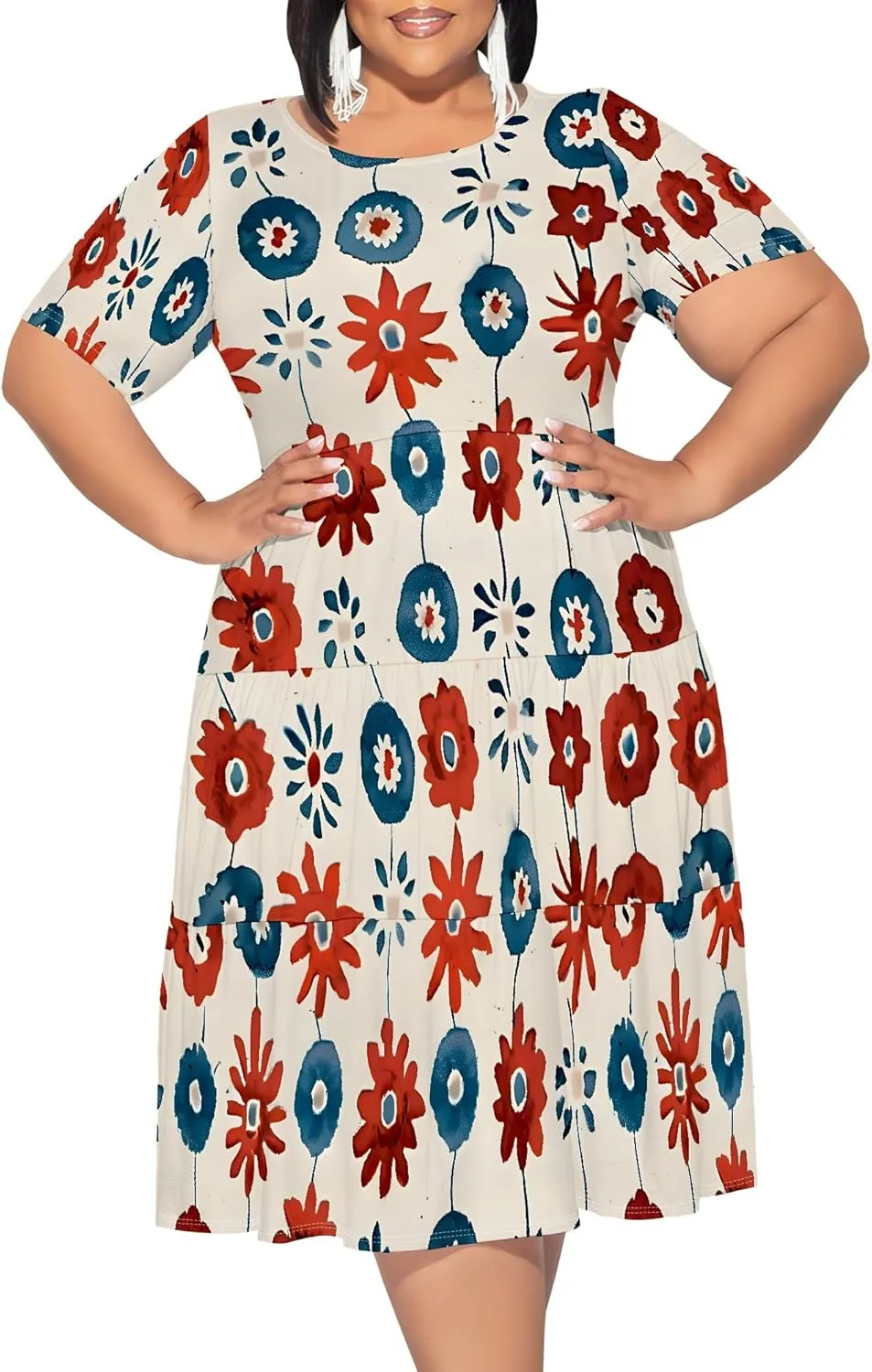 Curvy Womens Plus Size Summer Midi Dress Empire Waist Casual Loose Tshirt Short Sleeve Floral Print Swing Flowy Tiered Dress