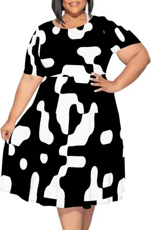 Curvy Womens Plus Size Summer Midi Dress Empire Waist Casual Loose Tshirt Short Sleeve Floral Print Swing Flowy Tiered Dress