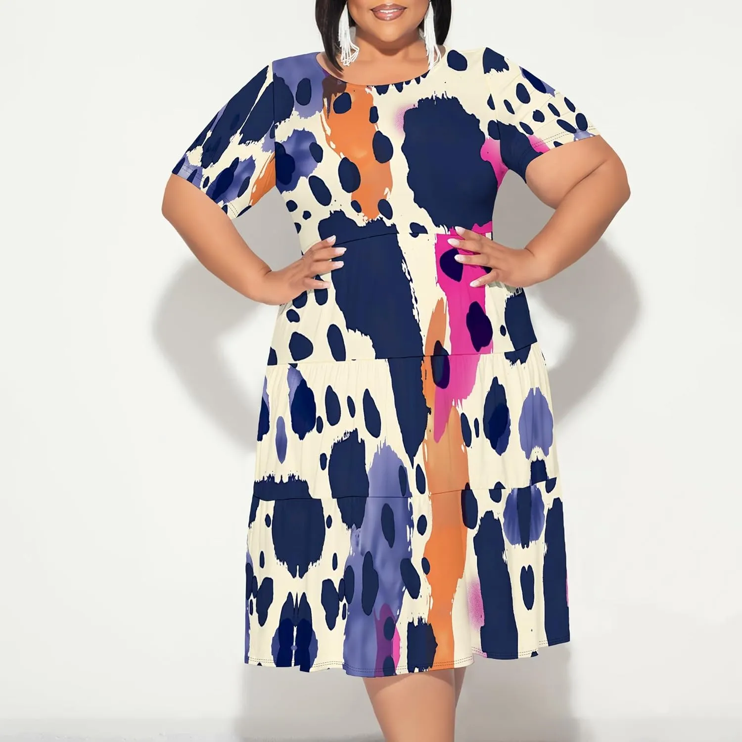 Curvy Womens Plus Size Summer Midi Dress Empire Waist Casual Loose Tshirt Short Sleeve Floral Print Swing Flowy Tiered Dress
