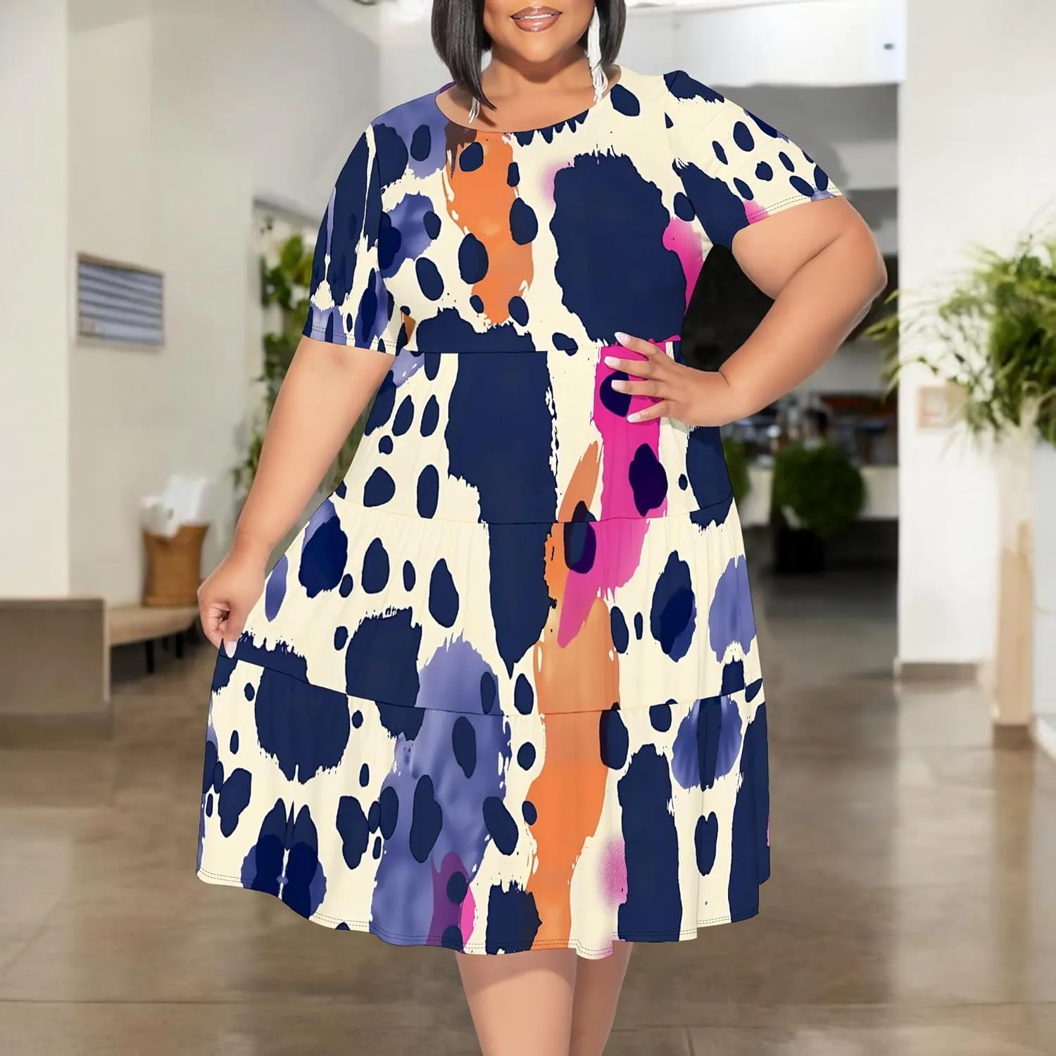 Curvy Womens Plus Size Summer Midi Dress Empire Waist Casual Loose Tshirt Short Sleeve Floral Print Swing Flowy Tiered Dress