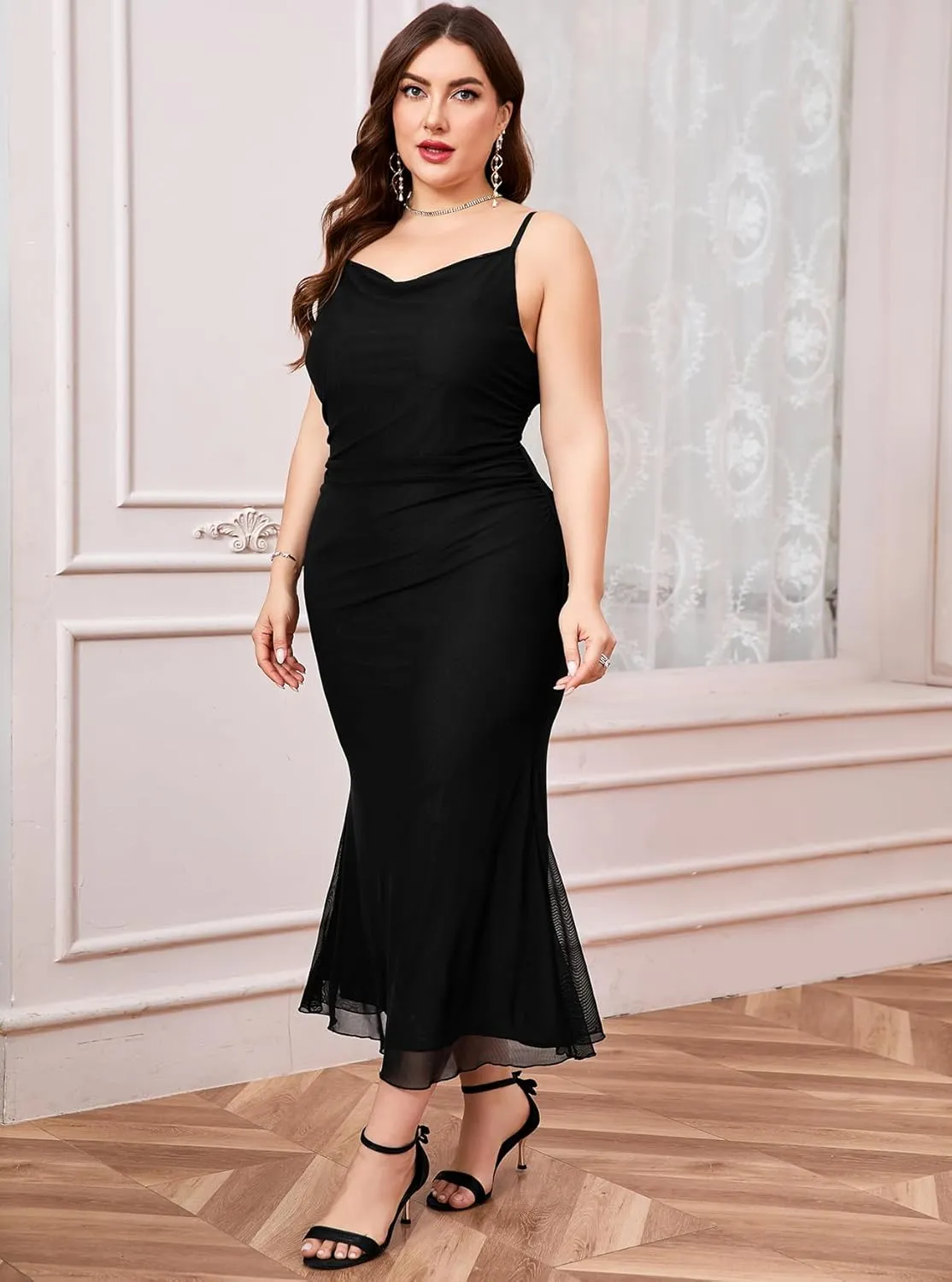 CYCLAMEN Plus Size Mesh Mermaid Dress Ruched Spaghetti Strap Fitted Sleeveless Cami Dresses Cocktail Party Wedding Guest