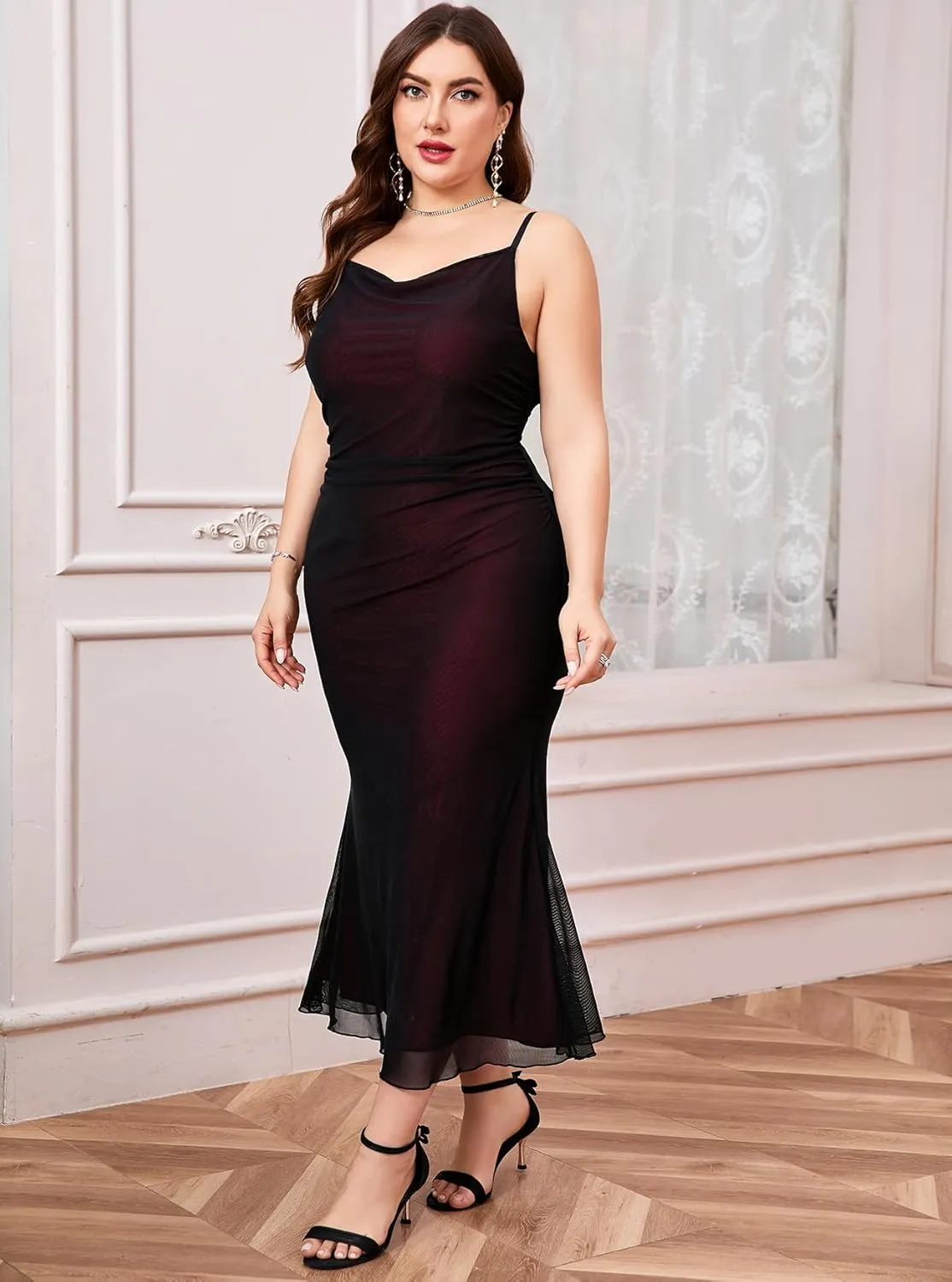 CYCLAMEN Plus Size Mesh Mermaid Dress Ruched Spaghetti Strap Fitted Sleeveless Cami Dresses Cocktail Party Wedding Guest