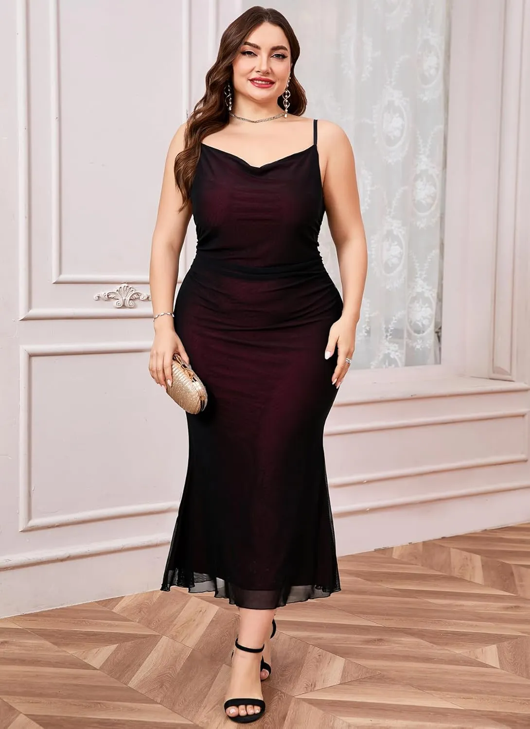 CYCLAMEN Plus Size Mesh Mermaid Dress Ruched Spaghetti Strap Fitted Sleeveless Cami Dresses Cocktail Party Wedding Guest